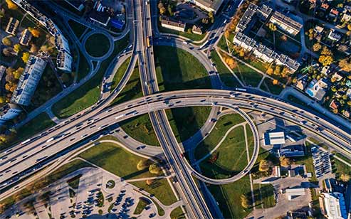 overhead view of roads and traffic